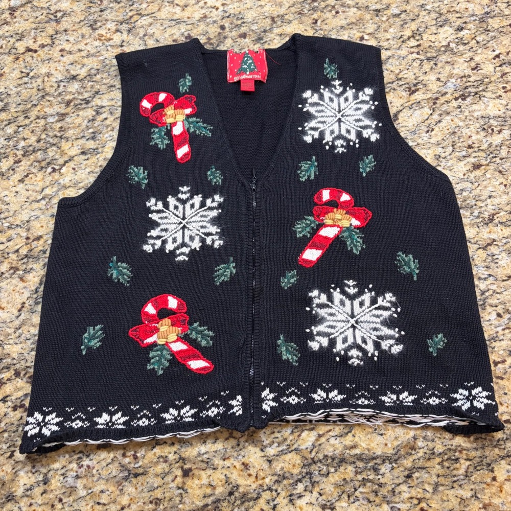 Vintage Christmas 1996 Sweater Vest Womens 2X Black Zip Santa Candy Cane Knit ws